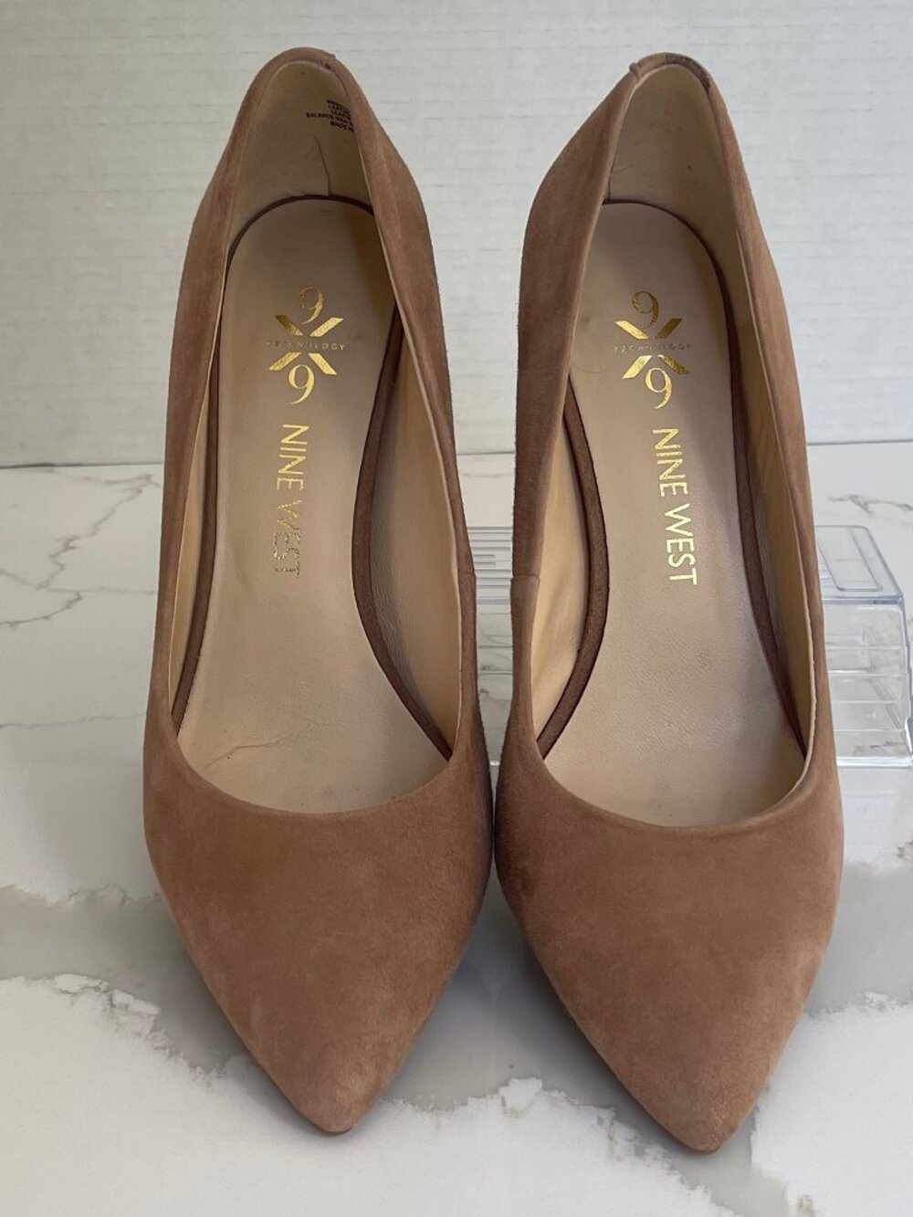 Nine West "Astoria" Tan Suede Pointed Toe Block Heel Pumps - Size 8M